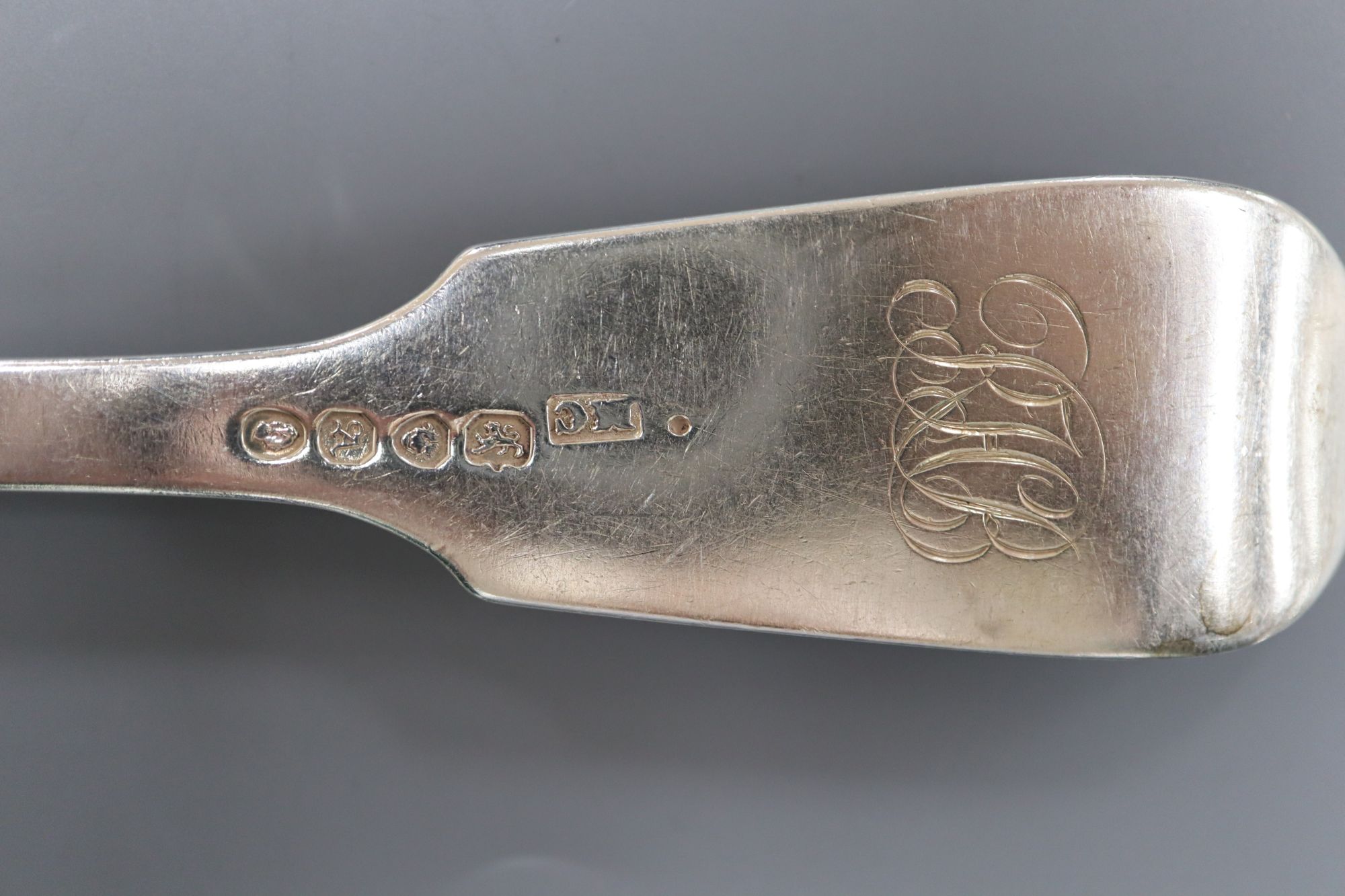 A set of six William IV silver fiddle pattern table forks, Mary Chawner, London, 1836,